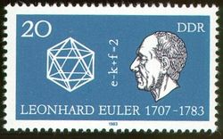 Sello de la antigua República Democrática de Alemania en honor a Euler en el 200 aniversario de su muerte. En medio se muestra su fórmula poliédrica para el grafo planar.