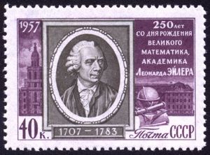 Sello del año 1957 de la antigua Unión Soviética conmemorando el 250 aniversario del nacimiento de Euler.