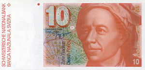 Antiguo billete de 10 francos suizos con el retrato de Euler.